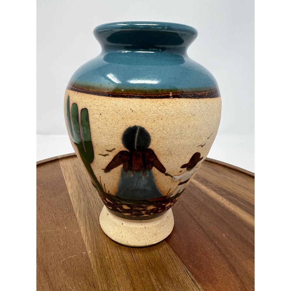 Mexican Pottery Vase Turquoise Teal Desert‎ Scene Cactus Figures '06